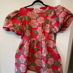 TCEC Red and Pink Floral Puff Sleeve Mini Dress